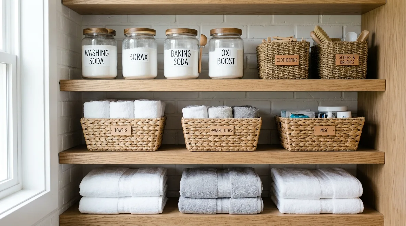 Use cabinetry to hide everyday supplies inspiration for a laundry room.
